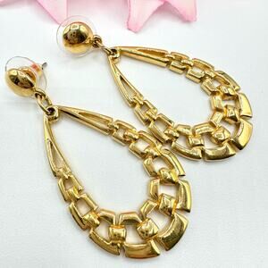 Vintage JS Panther Tank Track Teardrop Drop Earrings Gold Tone Statement Signed